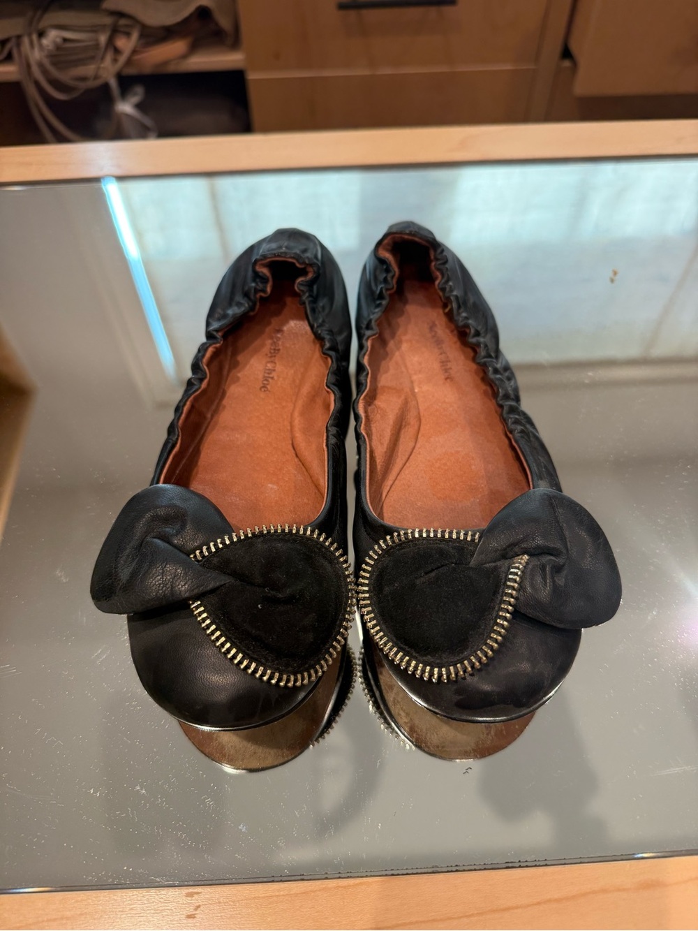 See By Chloe Black Leather Ballet Flats with Zipper-Trim Heart Accent